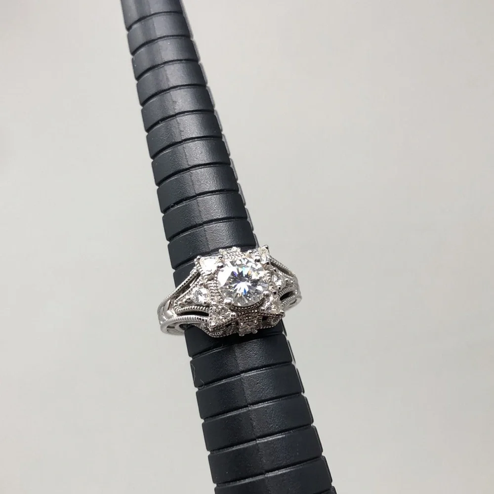 Moissanite Engagement Ring Sterling Silver 925 Vintage Halo Filigree Bridal Sz 6